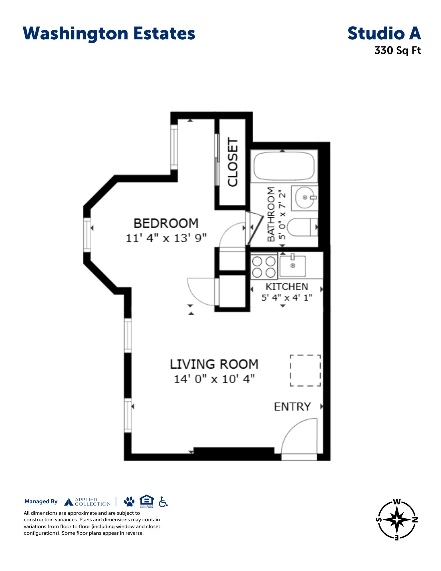 Floor plan for studio, 1 bath, 329 sqft